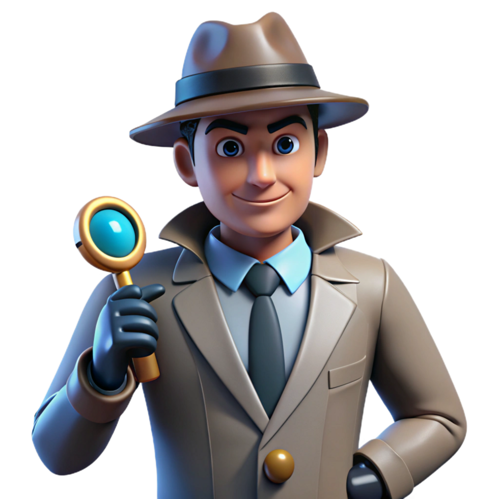 3D Detective with Magnifying Glass Investigating Clues and Mysteries png