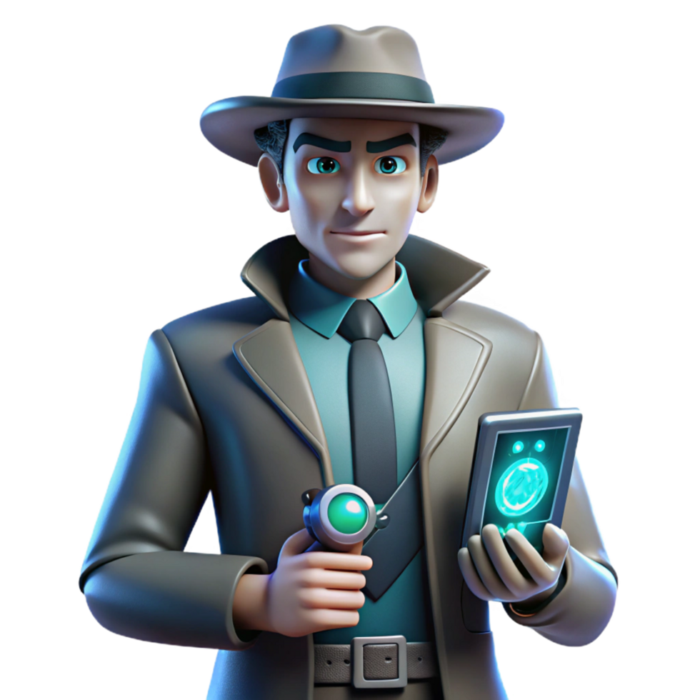 3D Animated Detective Investigating a Mysterious Case with High-Tech Gadgets png