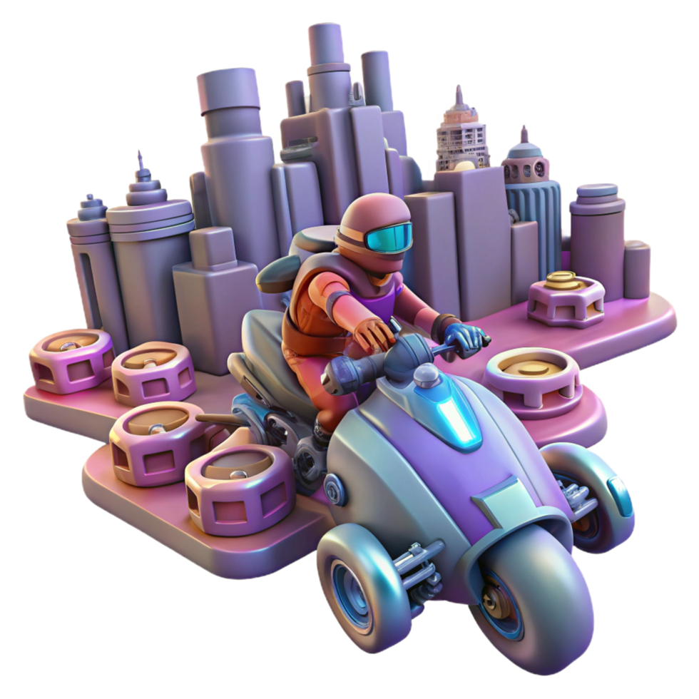 Futuristic City Racer High Tech Vehicle, Urban Exploration, Thrilling Ride, Neon Lights, Sci Fi Adventure, Smooth Ride, Fast Paced Action, Detailed Design, Stylish Avatar, 3D Render png
