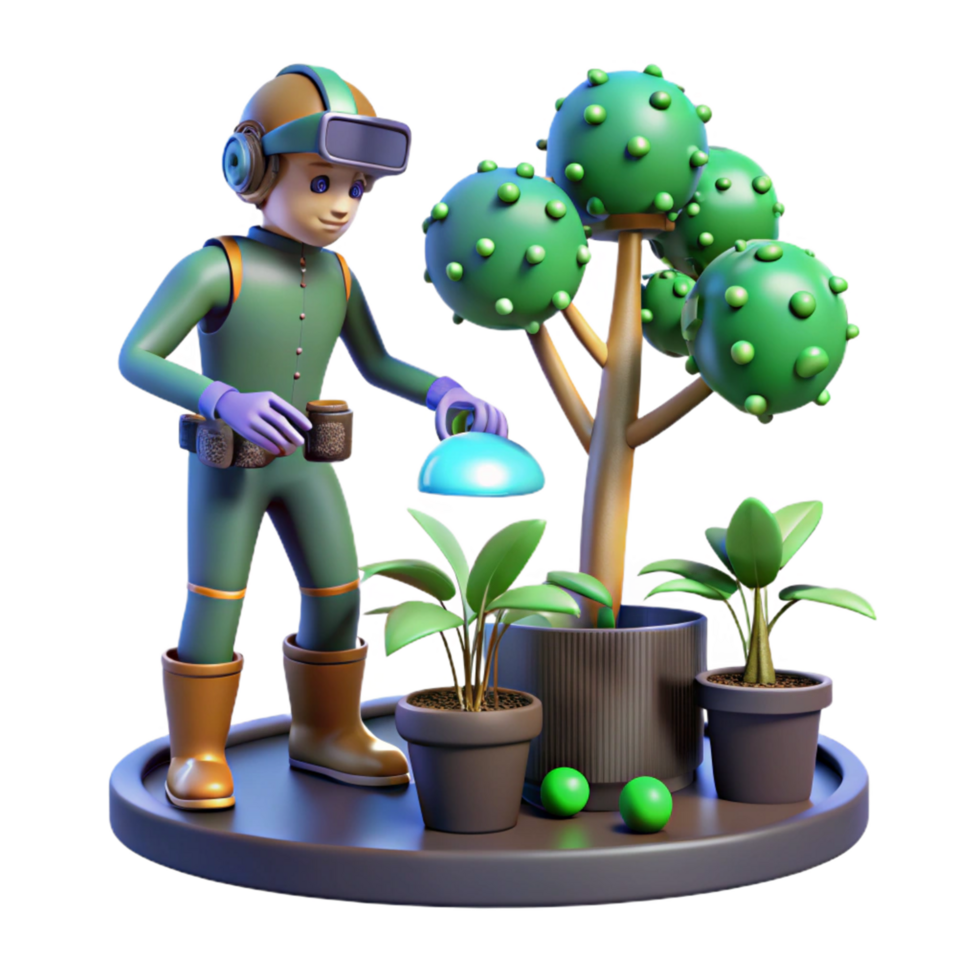 Futuristic Gardener Tending Plants with Virtual Reality Headset png