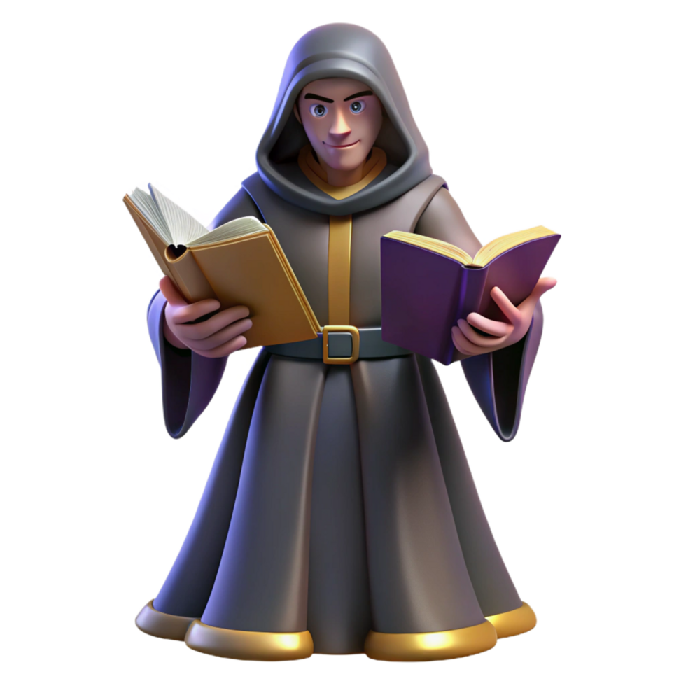 Wise Mage with Ancient Books Fantasy Illustration png