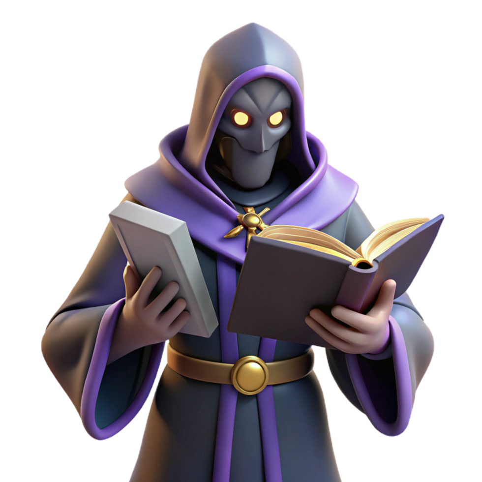 Mysterious Sorcerer Reading Ancient Texts 3D Render png