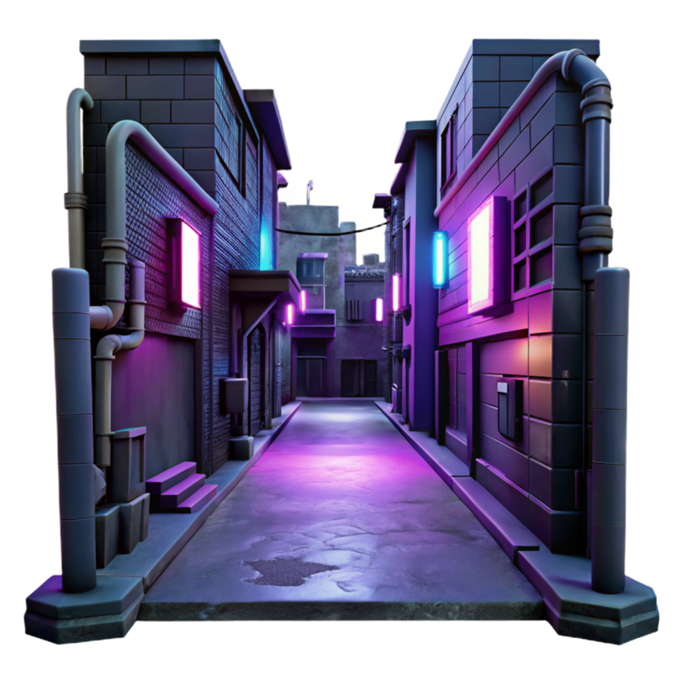 Neon Lit Alleyway A 3D Render of a City Backstreet png