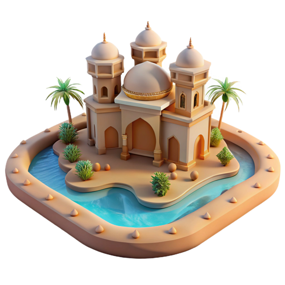 Oasis Mosque 3D Render of Desert Temple with Palm Trees and Water png