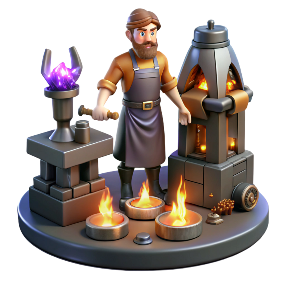 Artisan Craftsman Fantasy 3D Render of a Blacksmith Working with Magical Crystal png