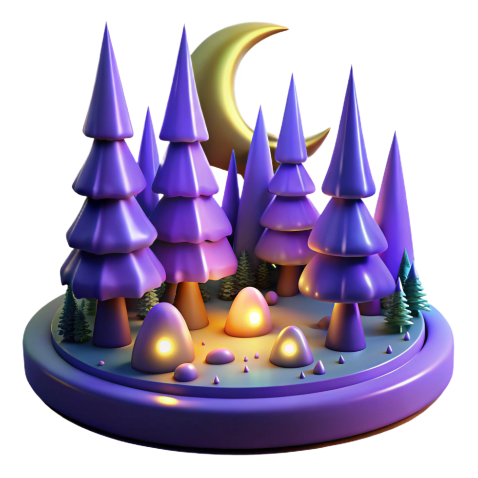 Enchanted Forest Night Scene 3D Render of Moonlit Trees and Glowing Rocks png