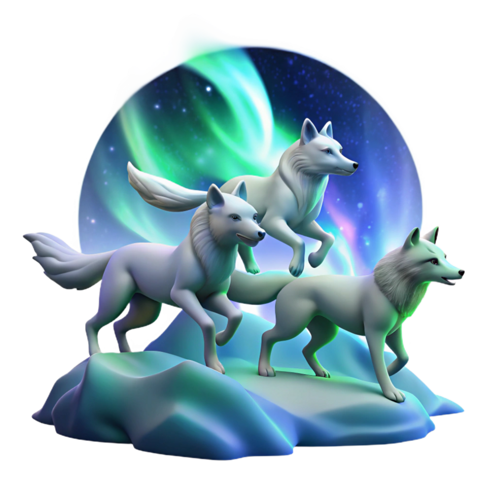 Arctic Wolves Under Aurora Borealis 3D Render png