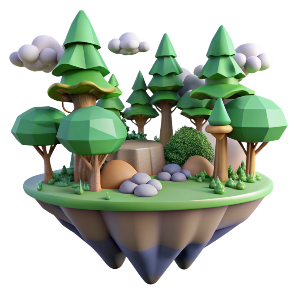 Floating Island Forest 3D Render of Low Poly Trees, Clouds, and Rocks png