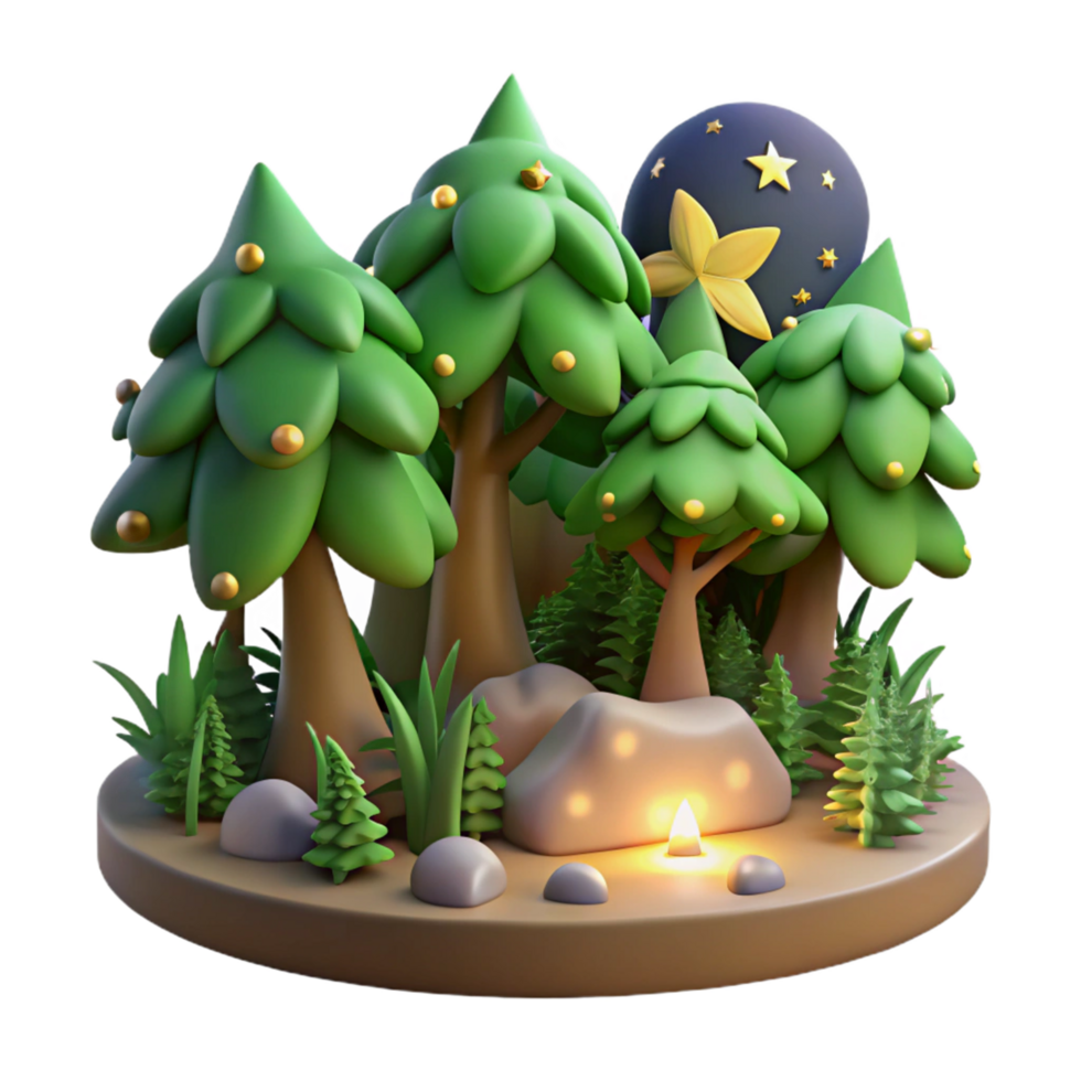 Enchanted Forest Night Scene 3D Render of Magical Trees, Stars, and Candlelight png