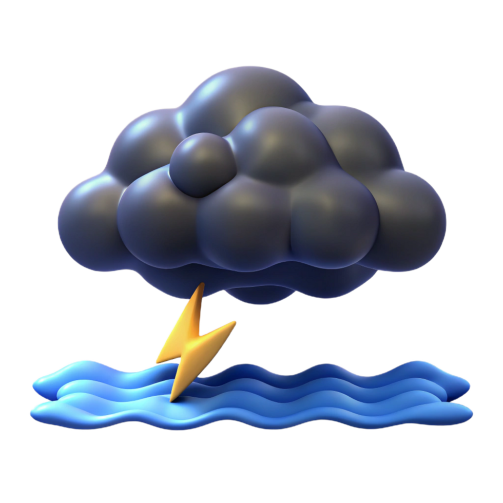 3D Render of Stormy Weather Dark Cloud, Lightning, and Waves png