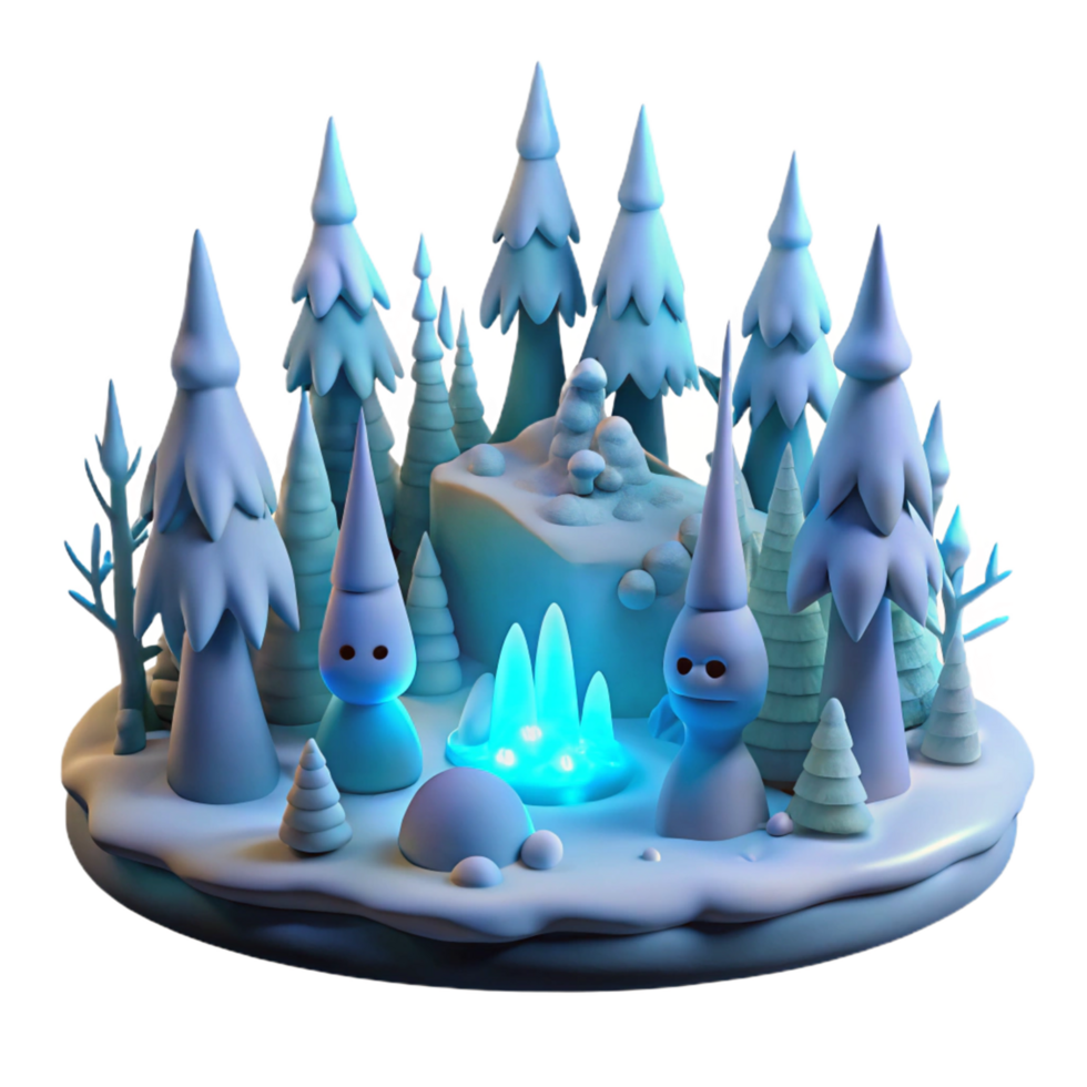 Winter Wonderland Scene 3D Render of Enchanting Snow Forest with Magical Fire png