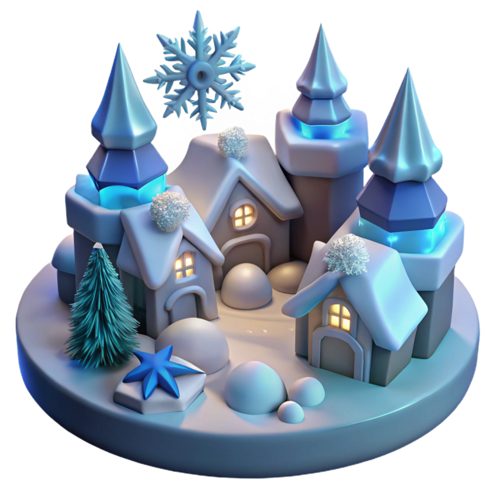 Enchanted Winter Village 3D Render of Snowy Castle and Houses png