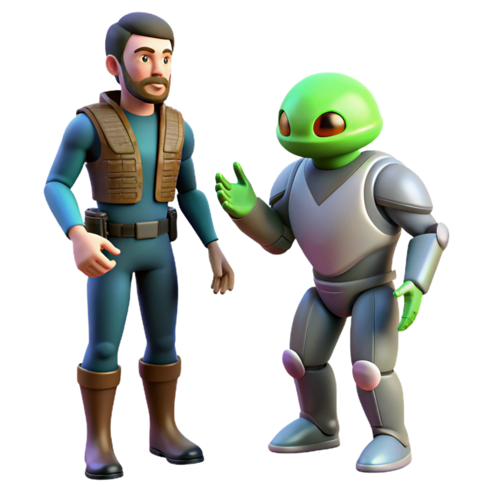 Humanoid and Alien Robot 3D Render Intergalactic Encounter png