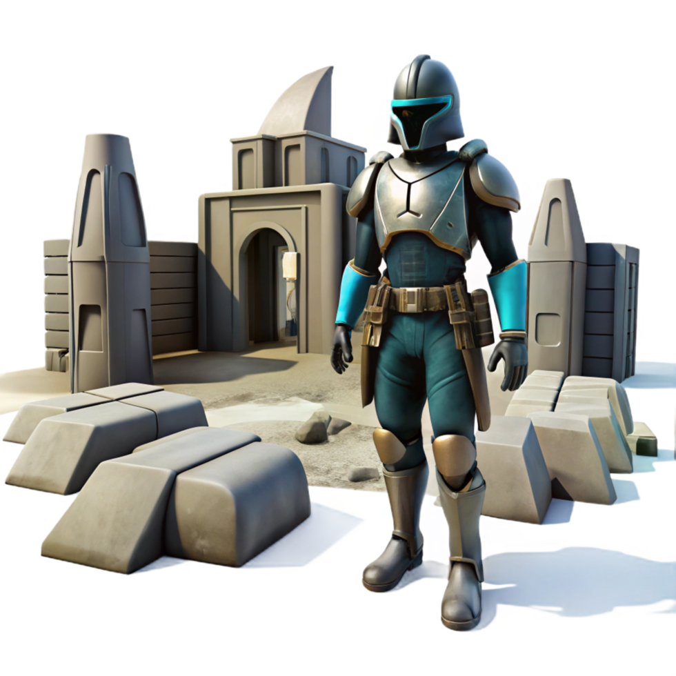 Sci Fi Armored Warrior in Desert Fortress Setting png