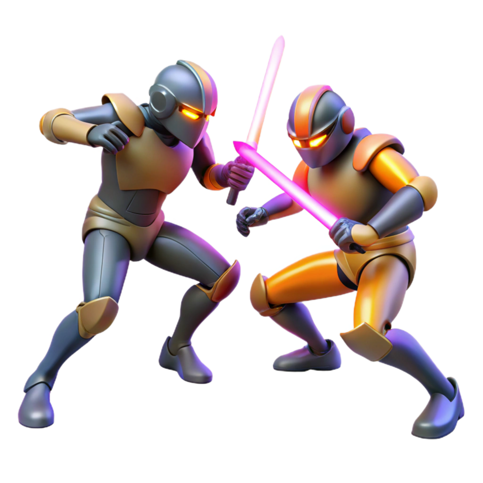 Dual Robot Combat Futuristic Armored Warriors with Lightsabers png