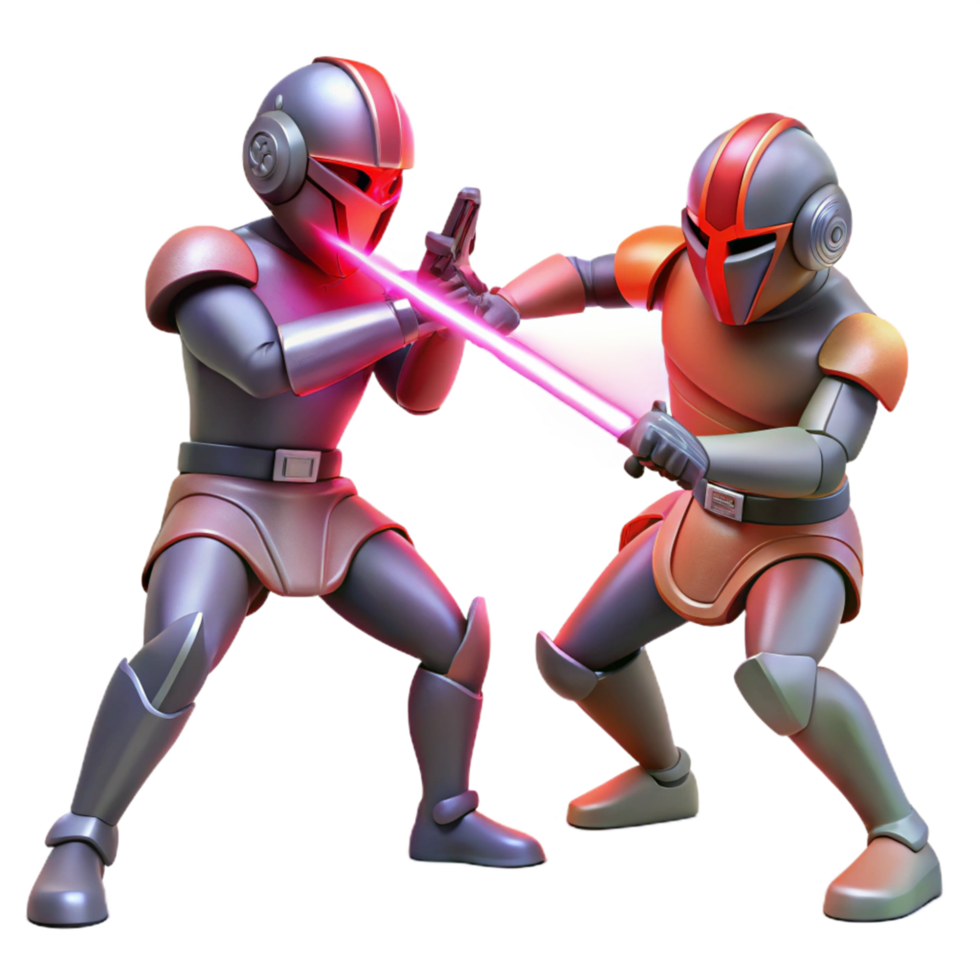 Dual Robotic Warriors Lightsaber Battle 3D Render png