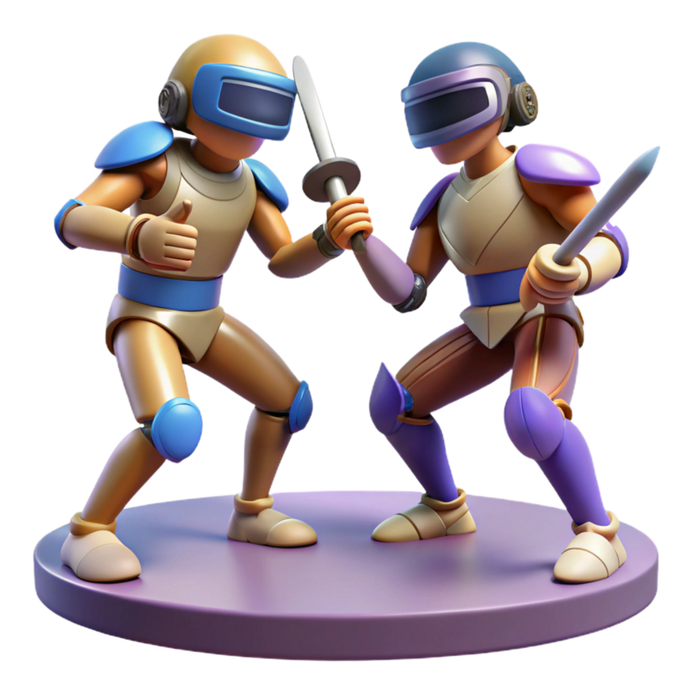 3D Render of Two Robotic Medieval Fighters Dueling with Swords png