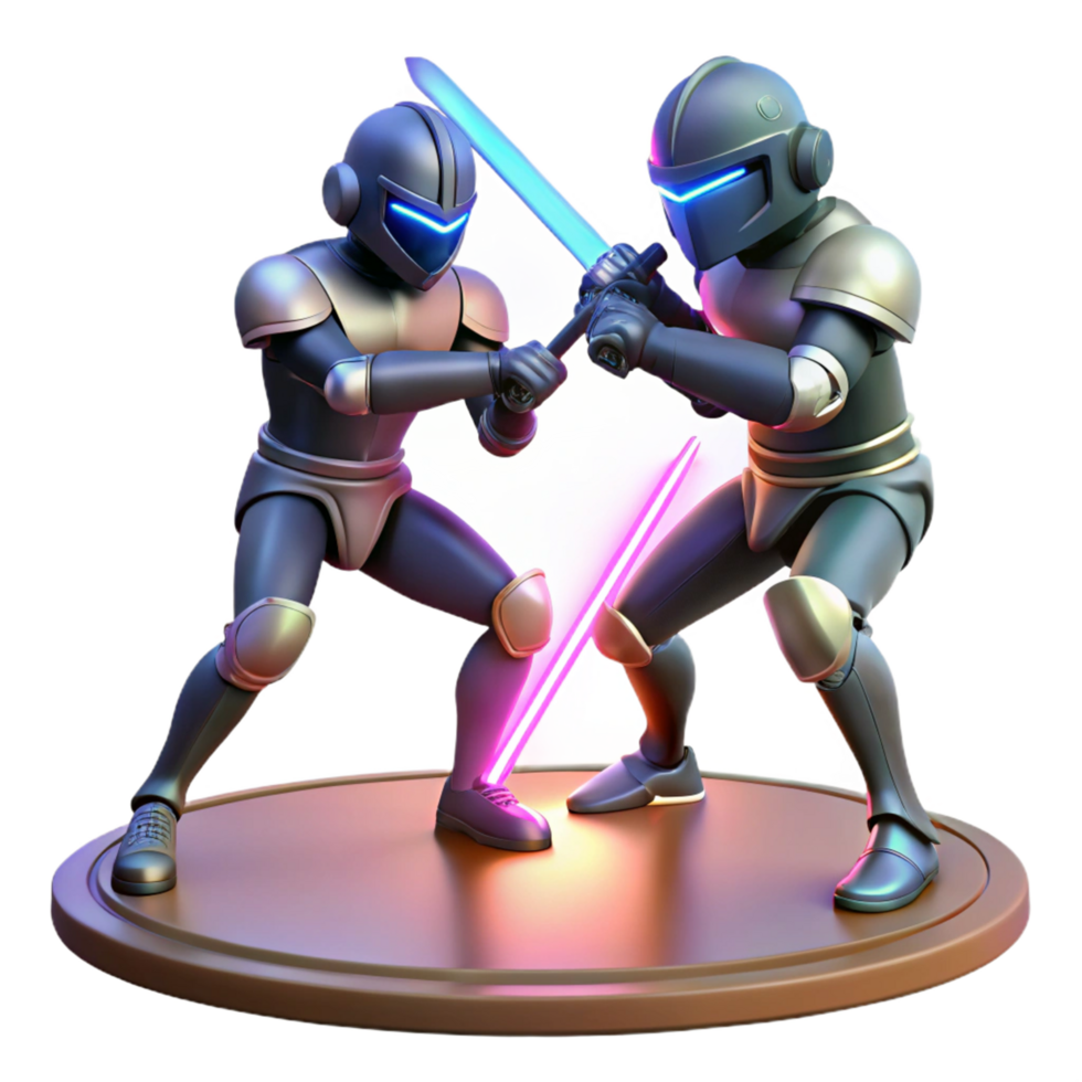Dueling Robots Futuristic Combat with Neon Lightsabers png