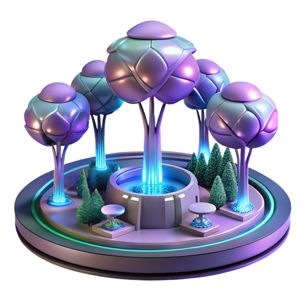 Futuristic Garden Illuminated Bio luminescent Trees and Circular Plaza png