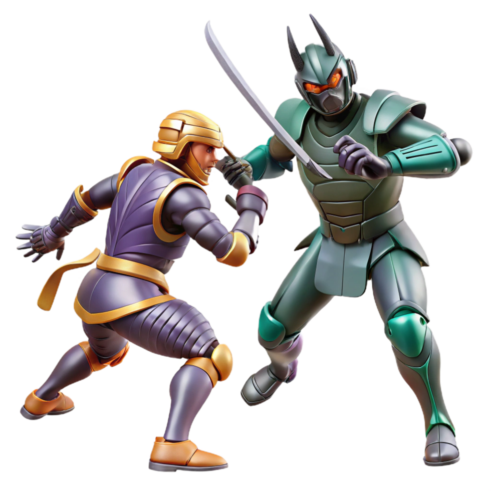 Epic Samurai Robot Duel Futuristic Combat and Ancient Weaponry png