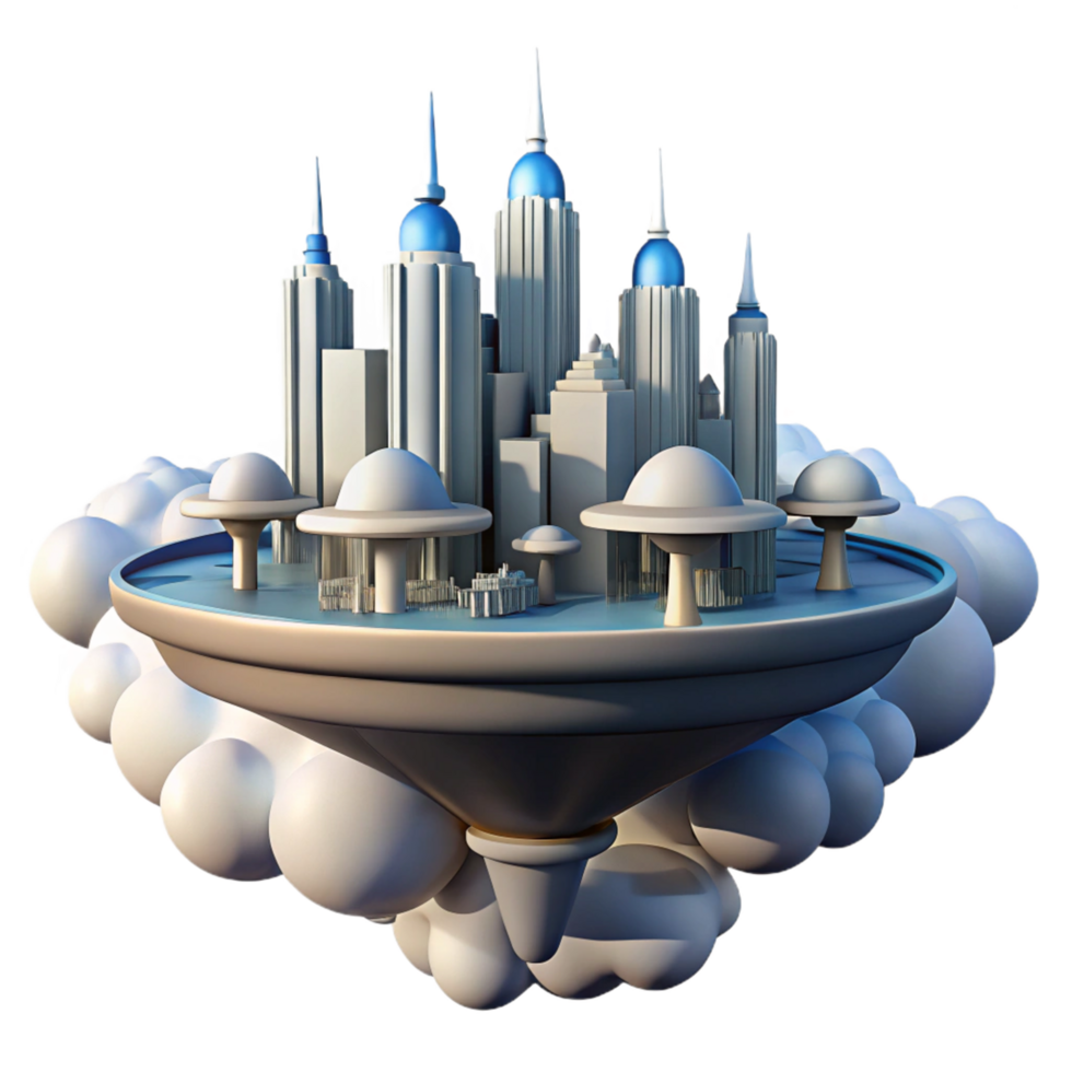 Futuristic Cityscape on a Cloud Island Architectural Design Concept png