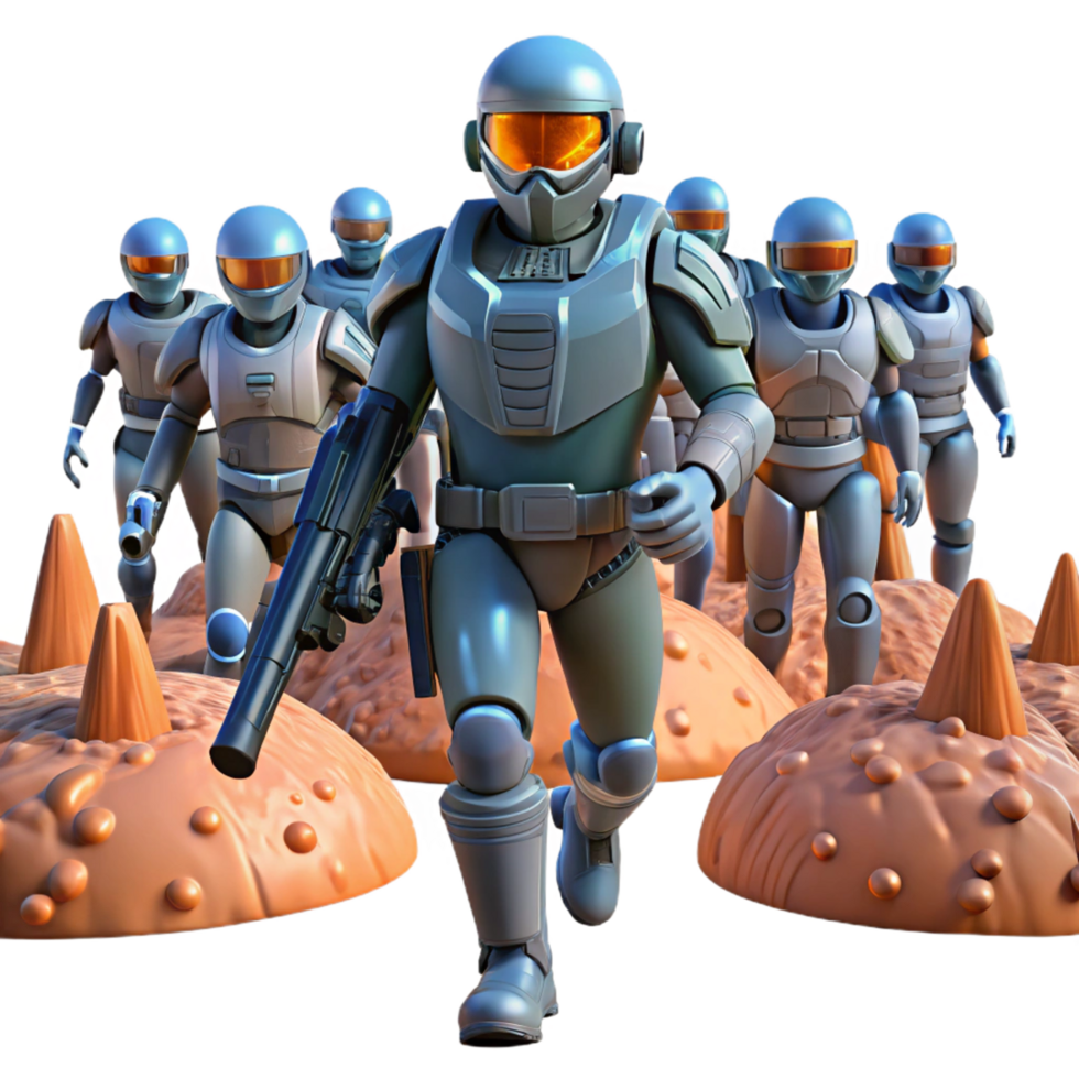 Futuristic Soldiers Advance Across Bumpy Terrain png