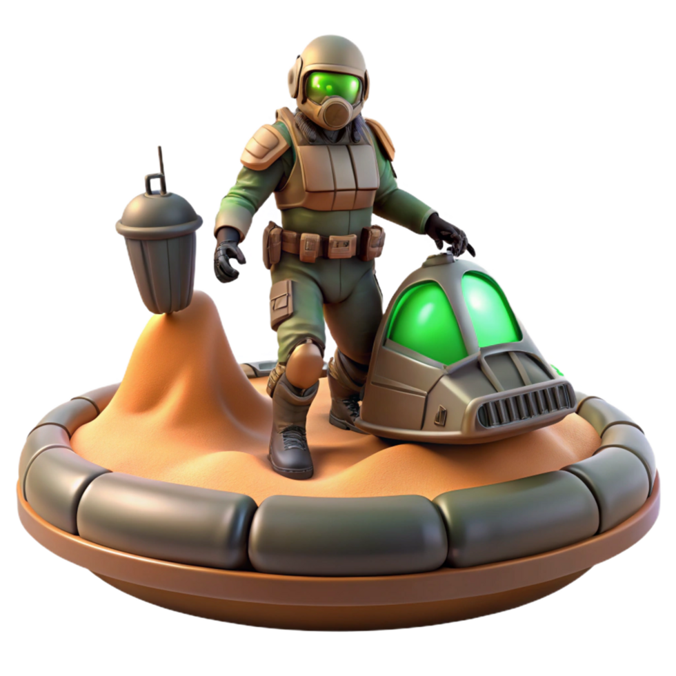 Sci Fi Soldier with Hovercraft and Waste Container on Desert Planet png