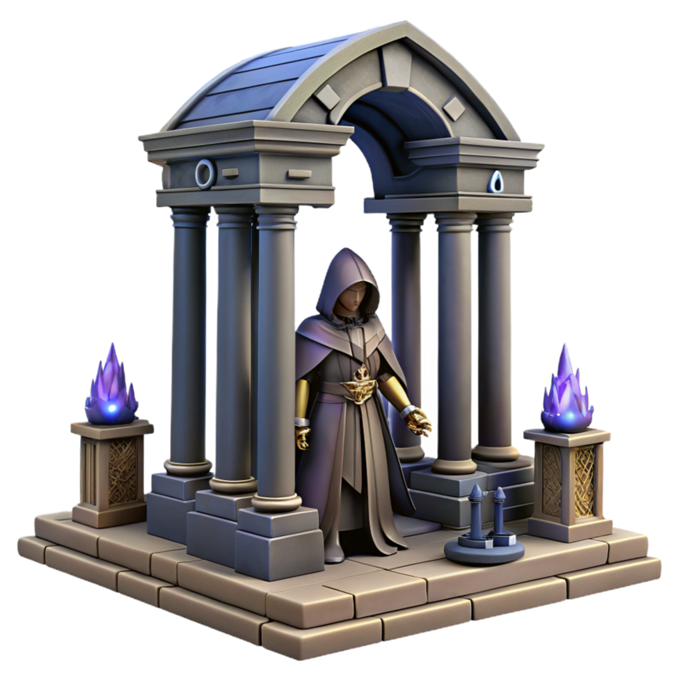 Mystic Archway A 3D Render of a Hooded Figure in an Ancient Stone Structure png