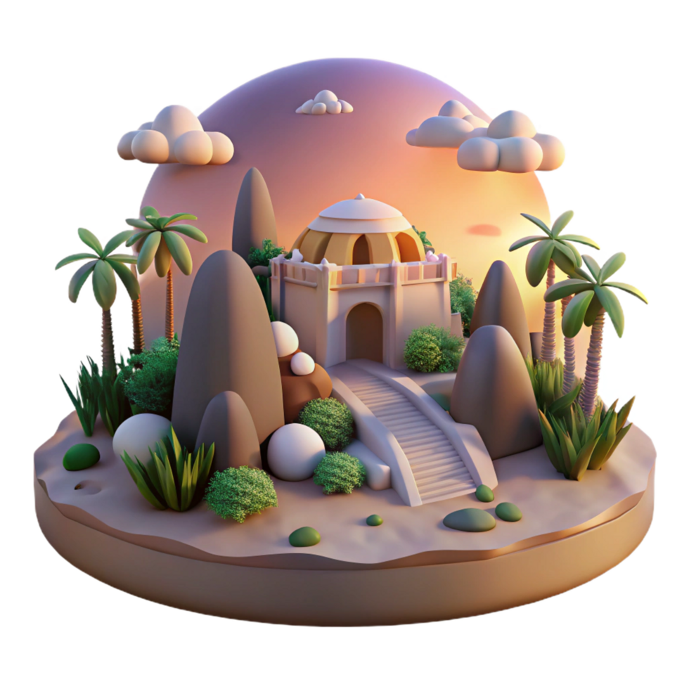 Serene Island Oasis 3D Render of Sunset Temple with Palm Trees and Rocks png