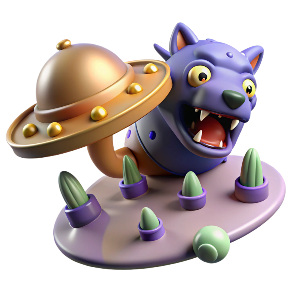 3D Render of Cartoon Alien Creature on Flying Saucer png