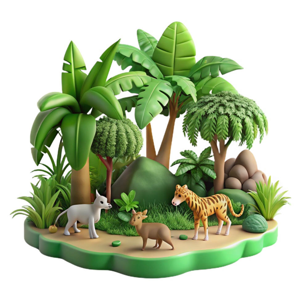 Jungle Animals 3D Render Tropical Paradise Scene with Wildlife png