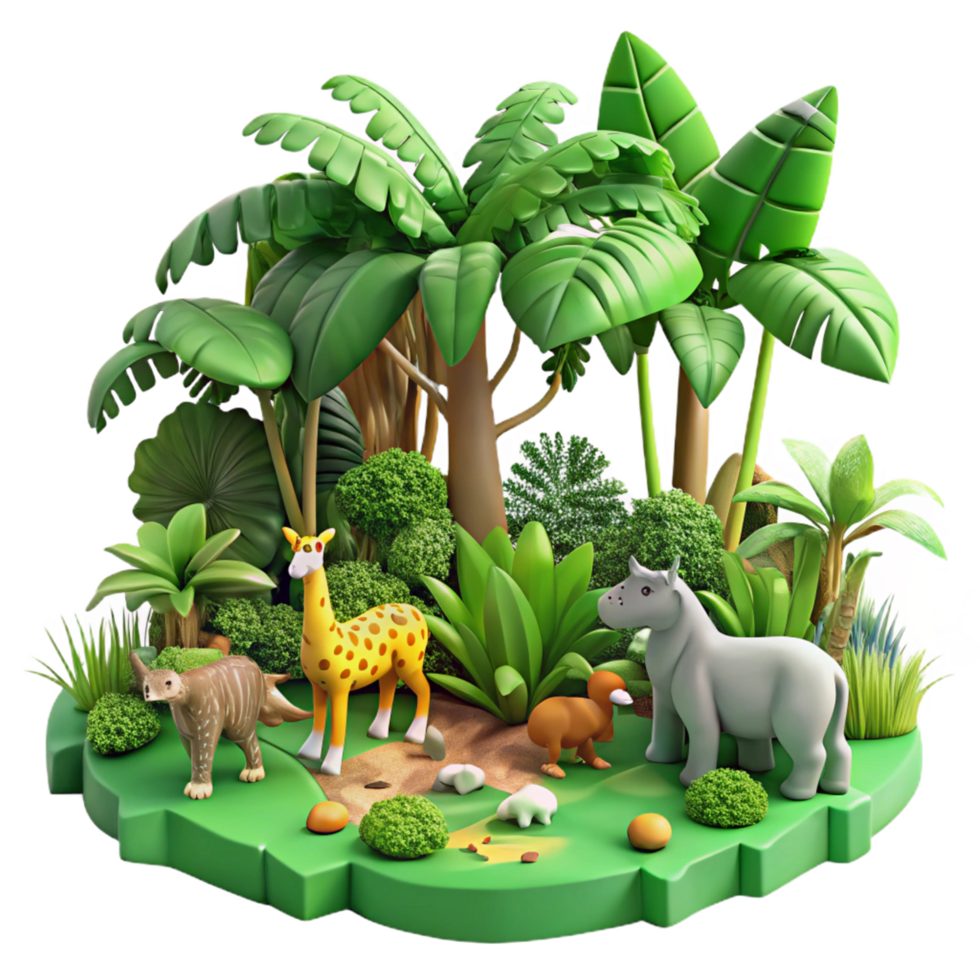 Jungle Animals 3D Model Giraffe, Rhino, and More in Lush Tropical Setting png