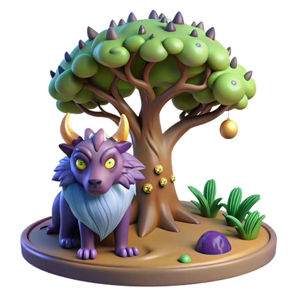 3D Render of Mythical Creature by Tree with Golden Fruit png