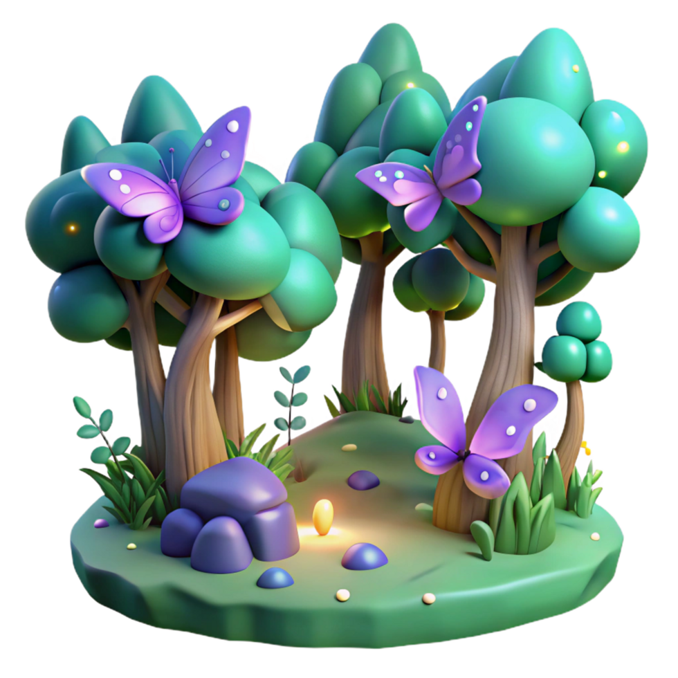 Enchanted Forest 3D Render of Whimsical Butterflies and Glowing Trees png