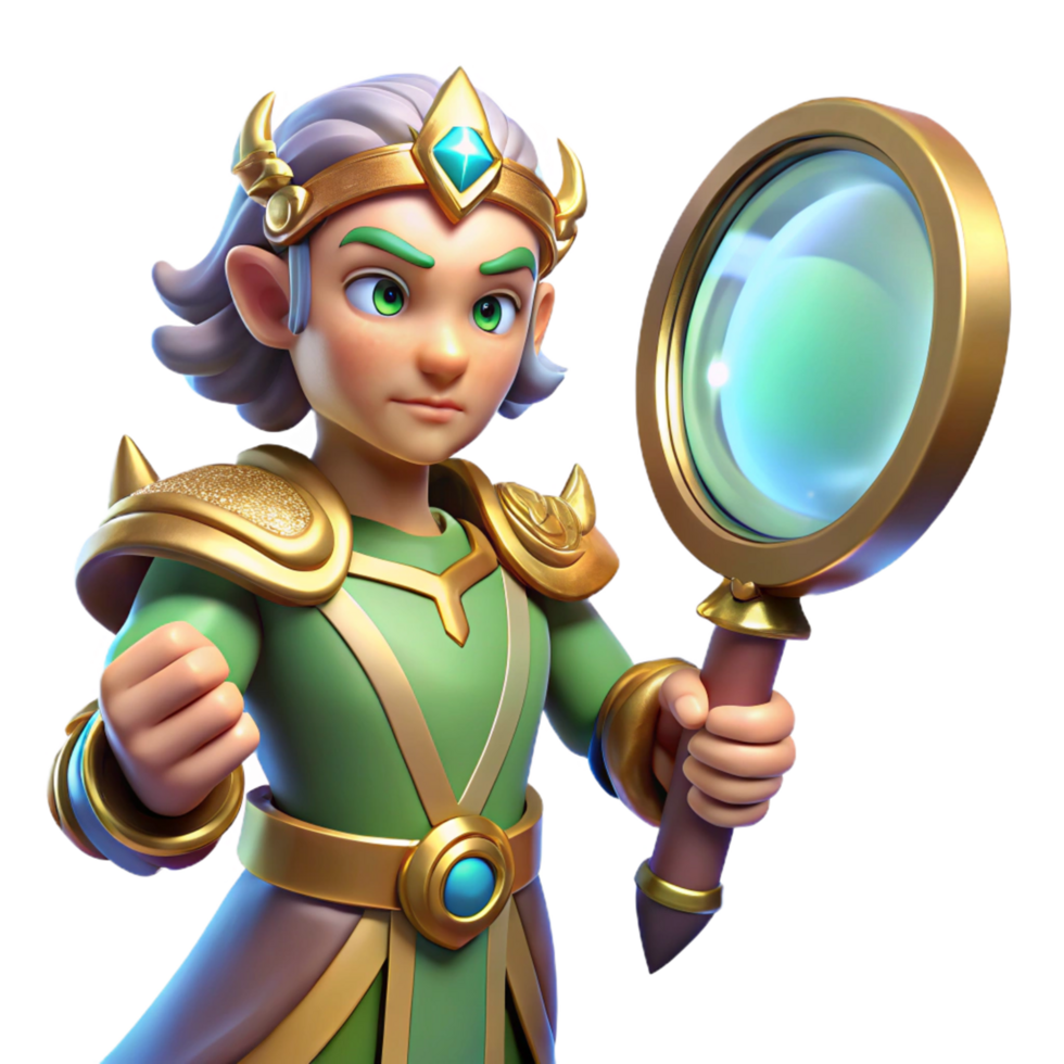 Young Royal Investigator A 3D Render of a Crowned Elf with Magnifying Glass png