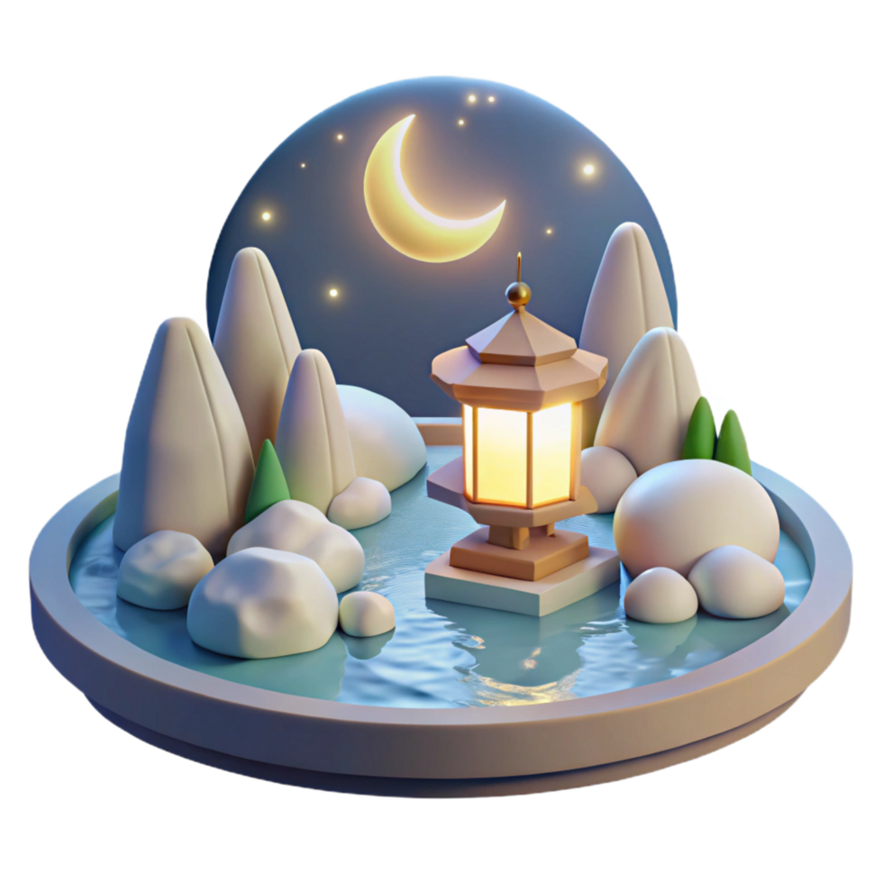 Serene Night Scene 3D Render of Moonlit Lantern in a Tranquil Garden png