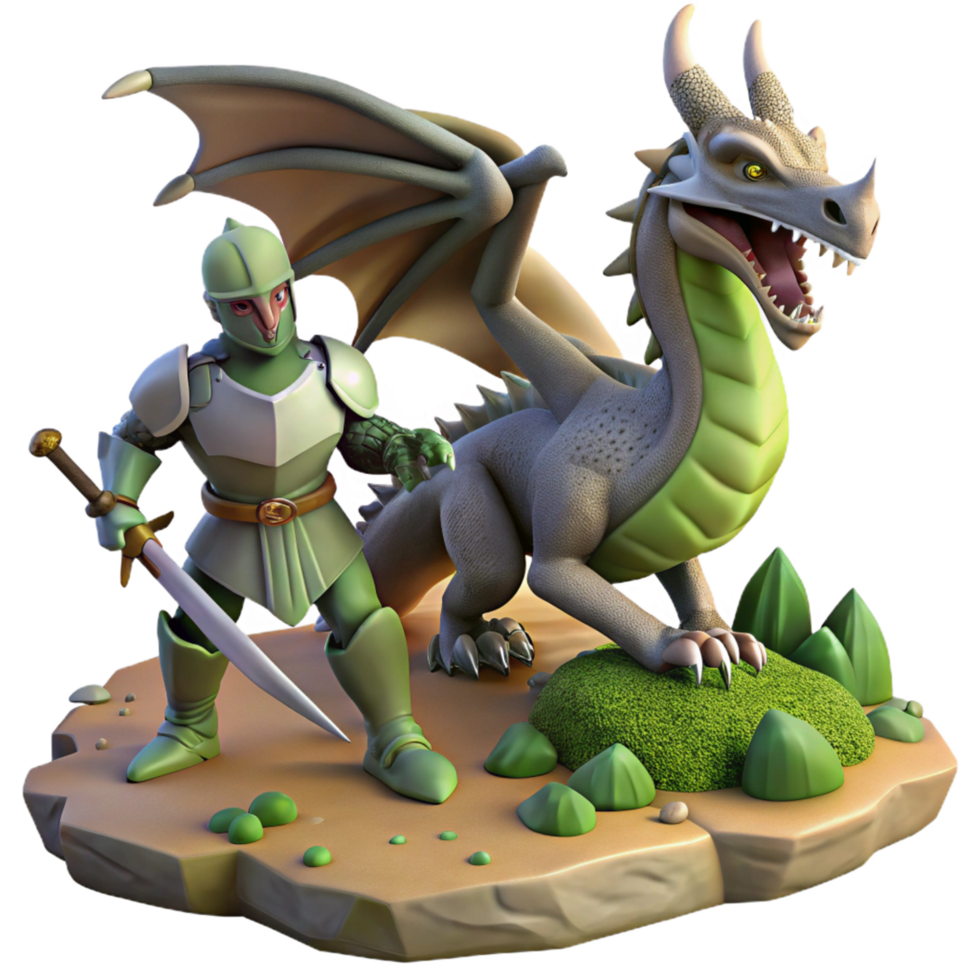 Knight and Dragon Fantasy Figurine 3D Render of Medieval Warrior and Mythical Beast png