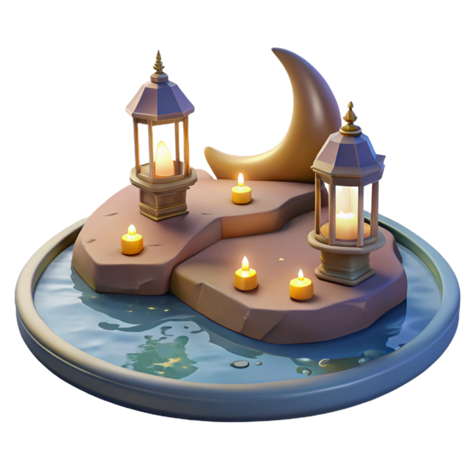 Serene Night Scene Crescent Moon, Lanterns, and Candles by Water png
