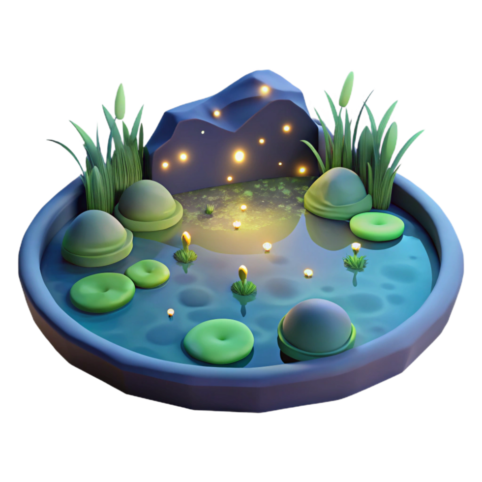 Enchanted Night Pond 3D Render of Serene Water Garden with Lily Pads and Glowing Lights png