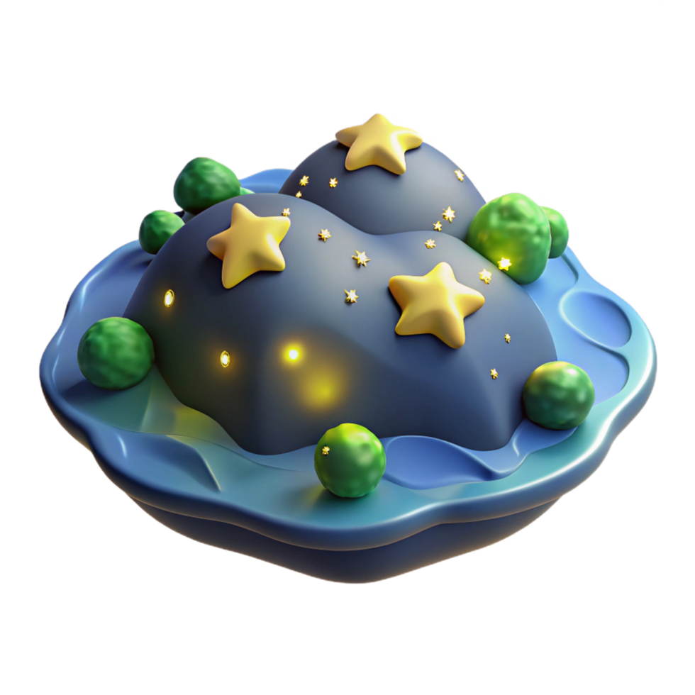 Night Sky Island 3D Render of Starry Hills and Glowing Orb png