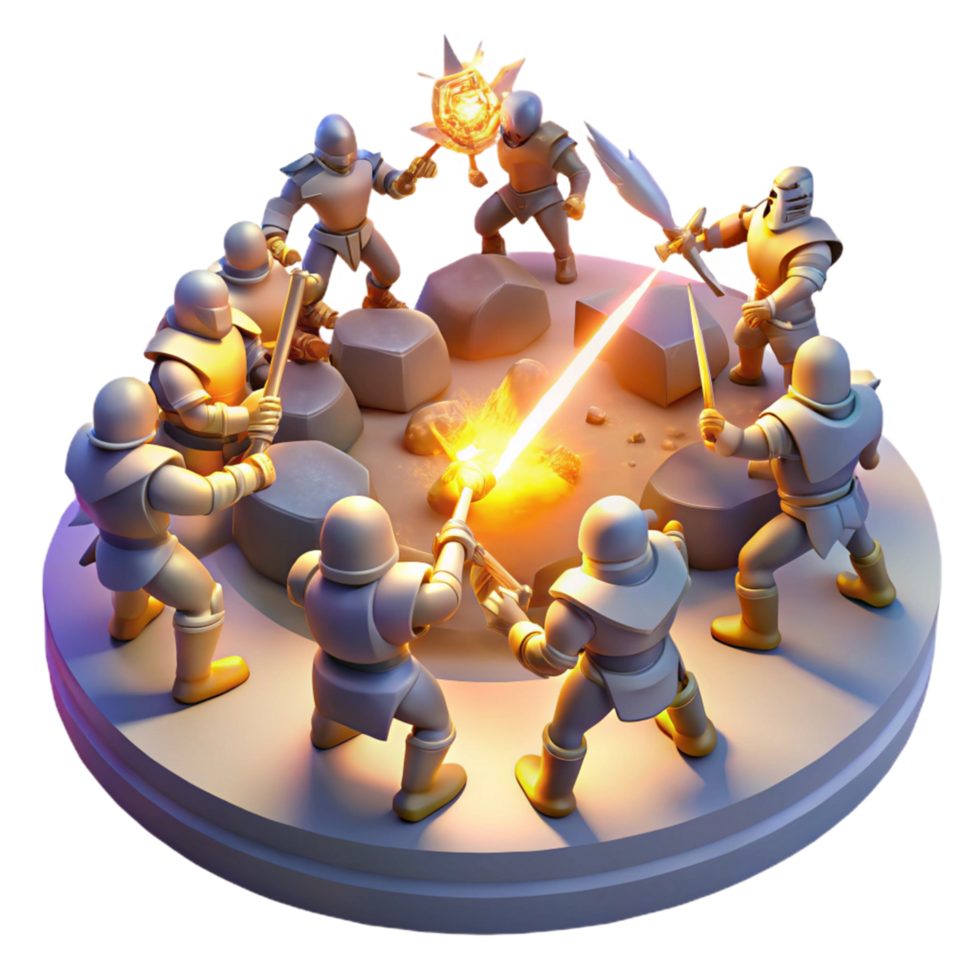 Circular Knight Battle Fantasy Combat Scene with Swords, Magic, and Fire png