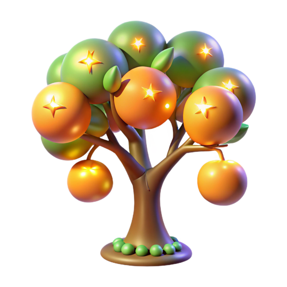 Glowing Fruit Tree 3D Render of a Cartoon Tree with Luminous Citrus png
