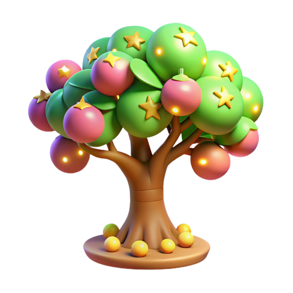 Enchanted Fruit Tree 3D Render of Fantasy Tree with Glowing Fruit and Stars png