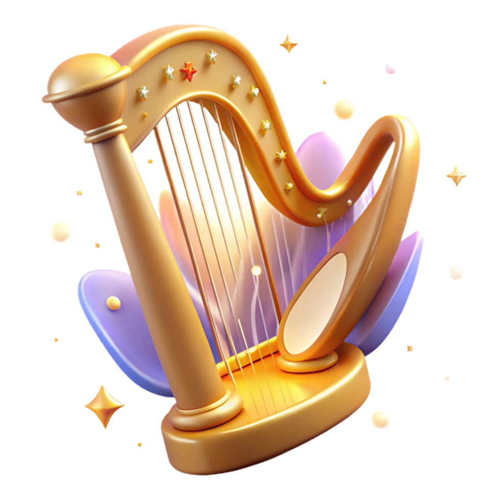Golden Harp Celestial Stringed Instrument, 3D Render png