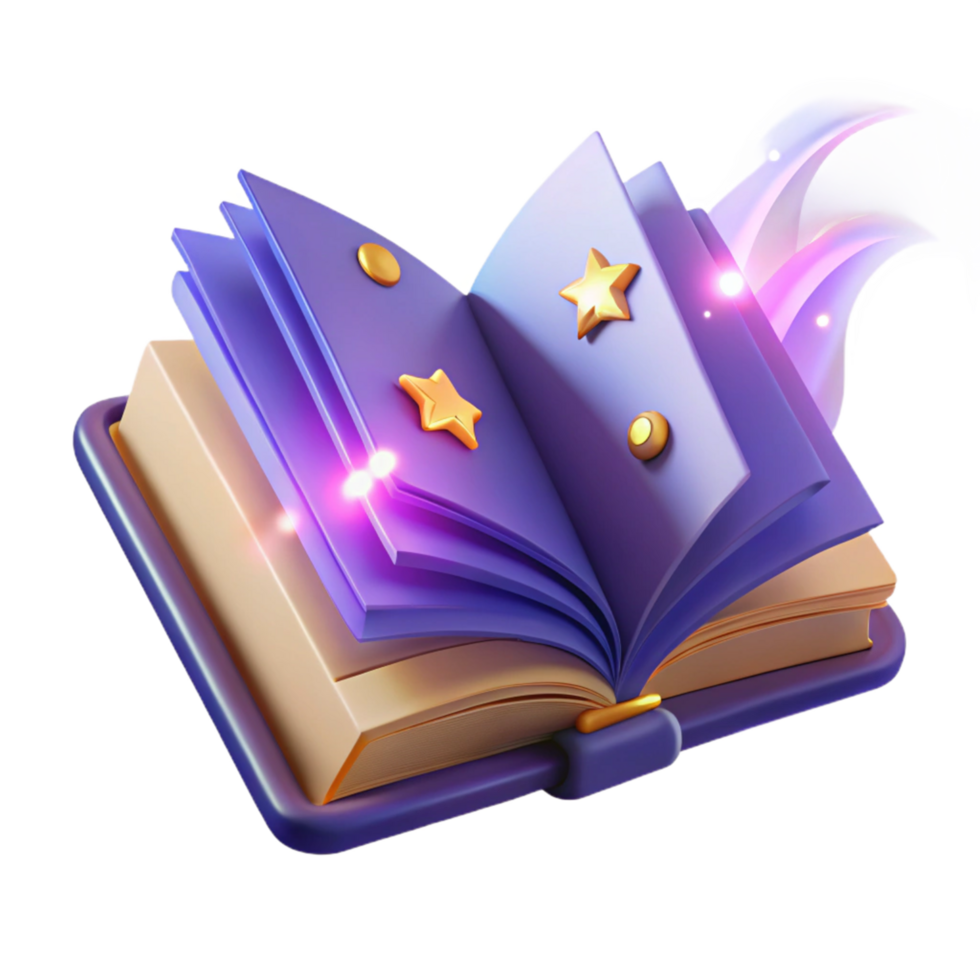 Magical Book 3D Render of Enchanting Open Book with Stars and Glowing Particles png