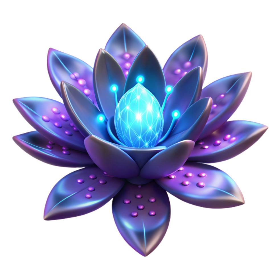 Luminous Lotus A 3D Render of a Futuristic Flower with Glowing Crystal Core png