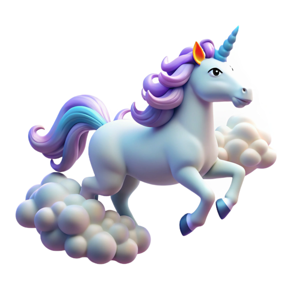 Pastel Unicorn Galloping on Clouds 3D Render png