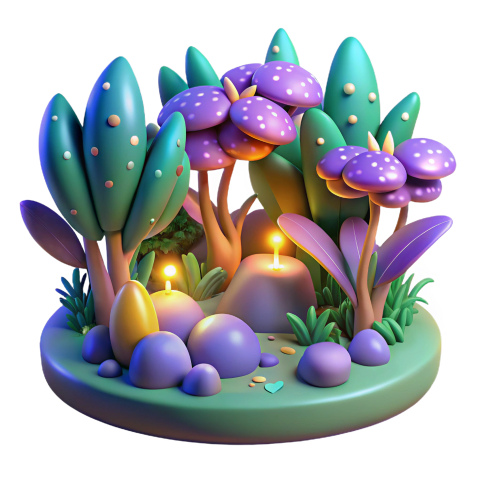 Enchanted Forest Scene 3D Render of Fantasy Landscape with Mushrooms and Trees png