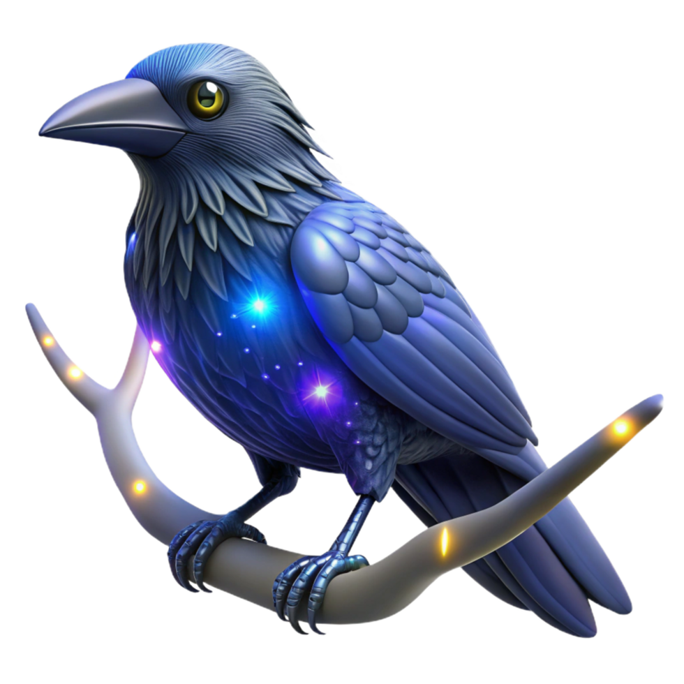 celestial Raven uma 3d render do uma brilhando pássaro em uma ramo png