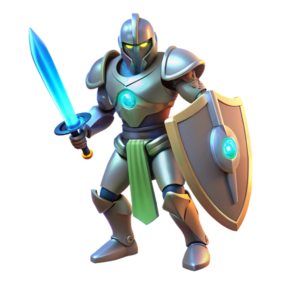 Glowing Knight Fantasy Game 3D Render of Armored Warrior with Shield and Sword png